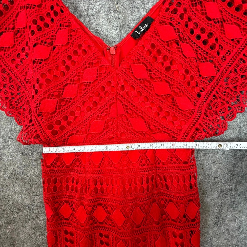 Lulus First Kiss Mini Dress Womens L Red Geometric Crochet Flowy Dopamine Boho - Picture 4 of 6
